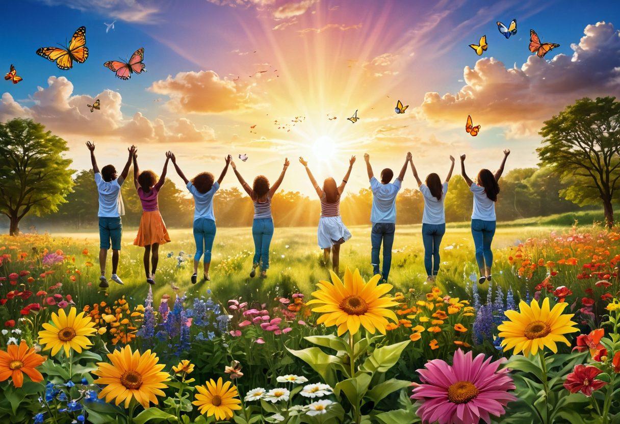 A radiant sun shining over a serene landscape filled with colorful flowers and lush greenery, with joyful words like 'happiness', 'love', and 'hope' floating in the air like butterflies. A diverse group of people smiling and interacting with each other in the foreground, representing community and positivity. Bright, whimsical style, vibrant colors, uplifting atmosphere.