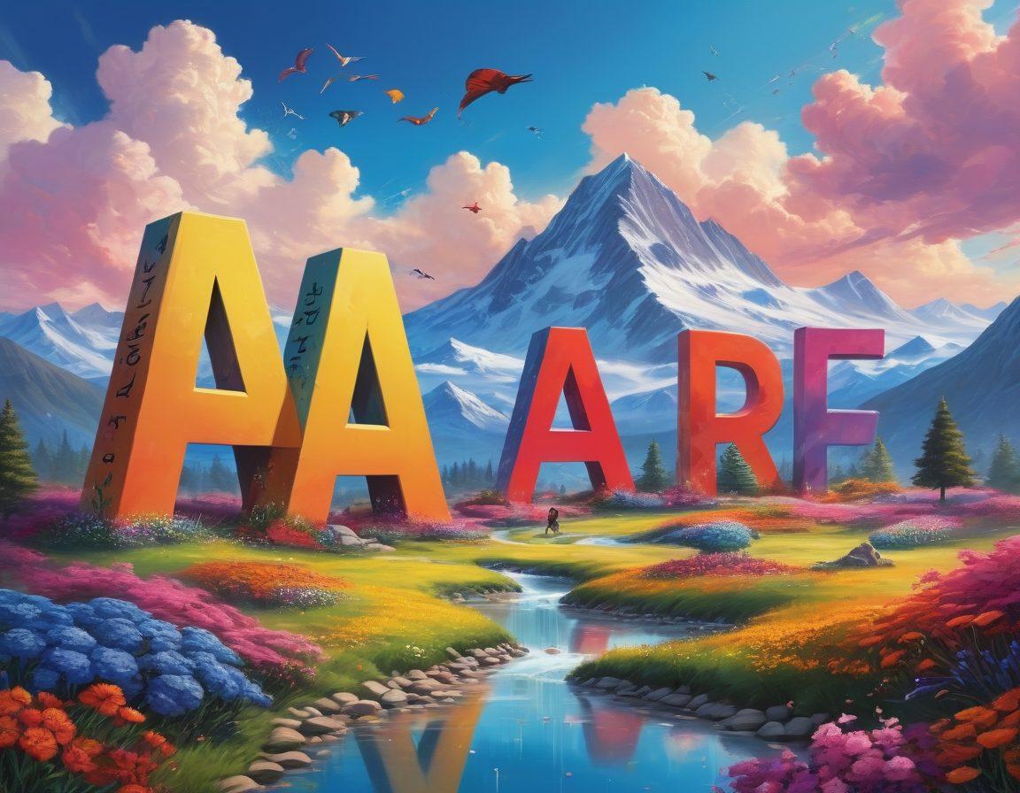 A whimsical and colorful landscape filled with giant, floating letters and a surreal thesaurus-like mountain made of words. In the foreground, diverse characters embark on a joyful journey, interacting playfully with expressions and synonyms that bloom like flowers. The sky is painted with vibrant hues, and words dance through the air like butterflies. The overall atmosphere radiates creativity and inspiration. super-realistic. vibrant colors. fantasy art.