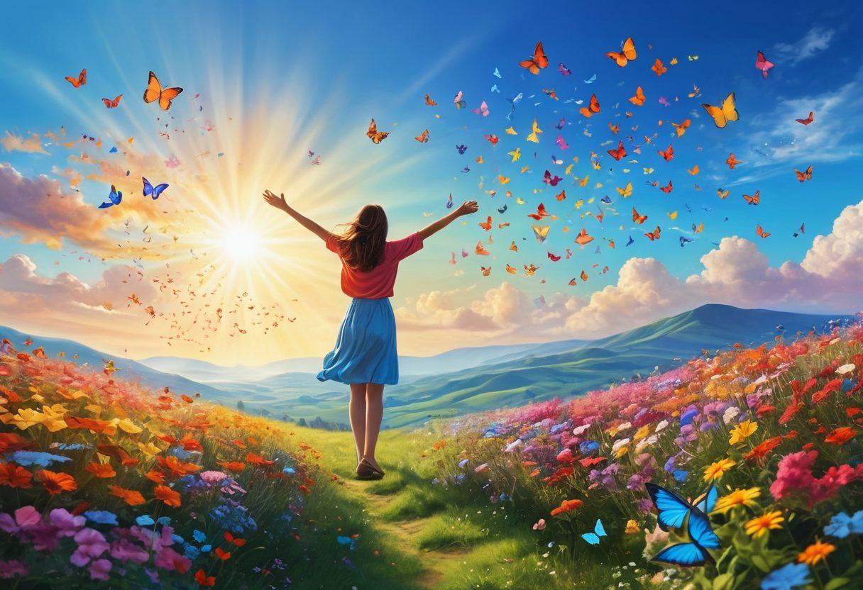A bright, uplifting scene depicting a joyful person standing atop a hill, arms wide open, surrounded by colorful butterflies and blooming flowers, with a radiant sun shining in a clear blue sky. The atmosphere is filled with vibrant colors that evoke a sense of positivity and cheerfulness, alongside floating words like 'joy', 'happiness', and 'elation' in whimsical fonts. The background features a dreamy landscape that enhances the overall positive vibe. super-realistic. vibrant colors. picturesque.